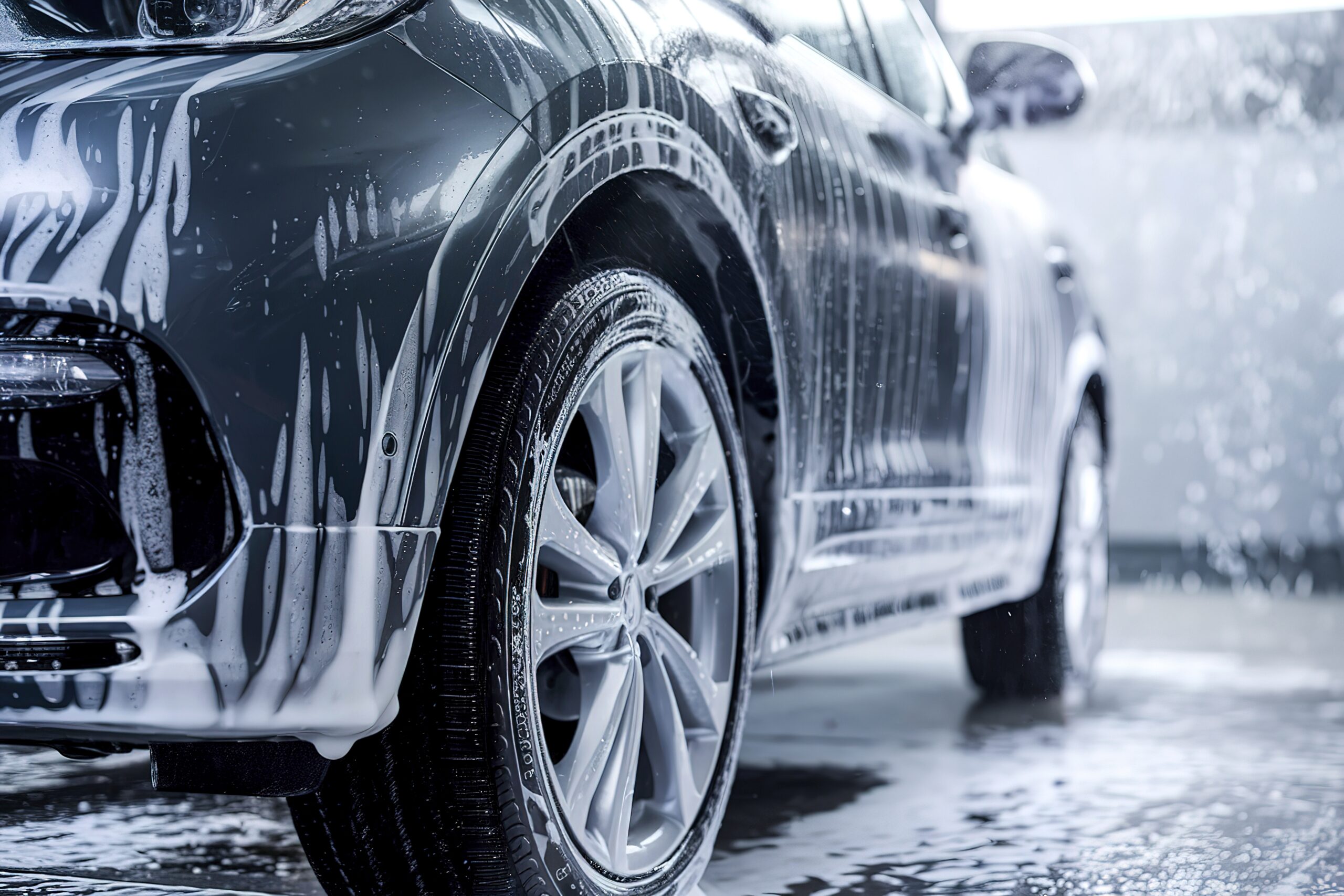 A close up view of a black car covered in soap while being washed.